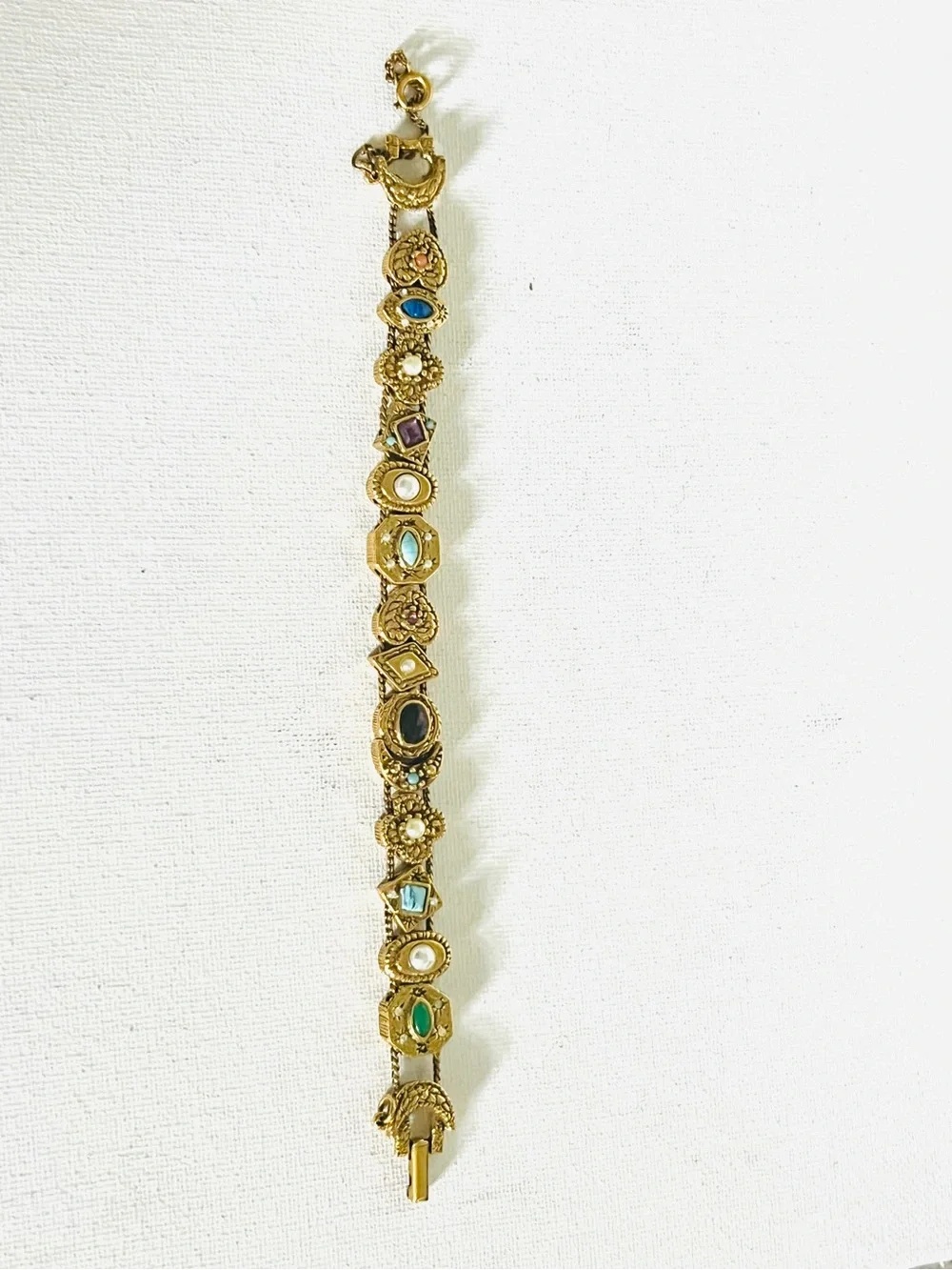 Vintage Signed Goldette NY Multiple Gemstones Safety Chain Slide Charm Bracelet